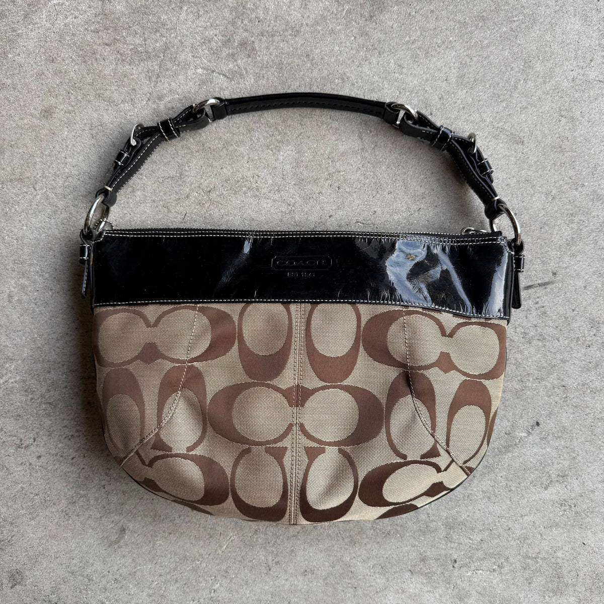 Coach Signature Patent Leather Trim Hobo Bag