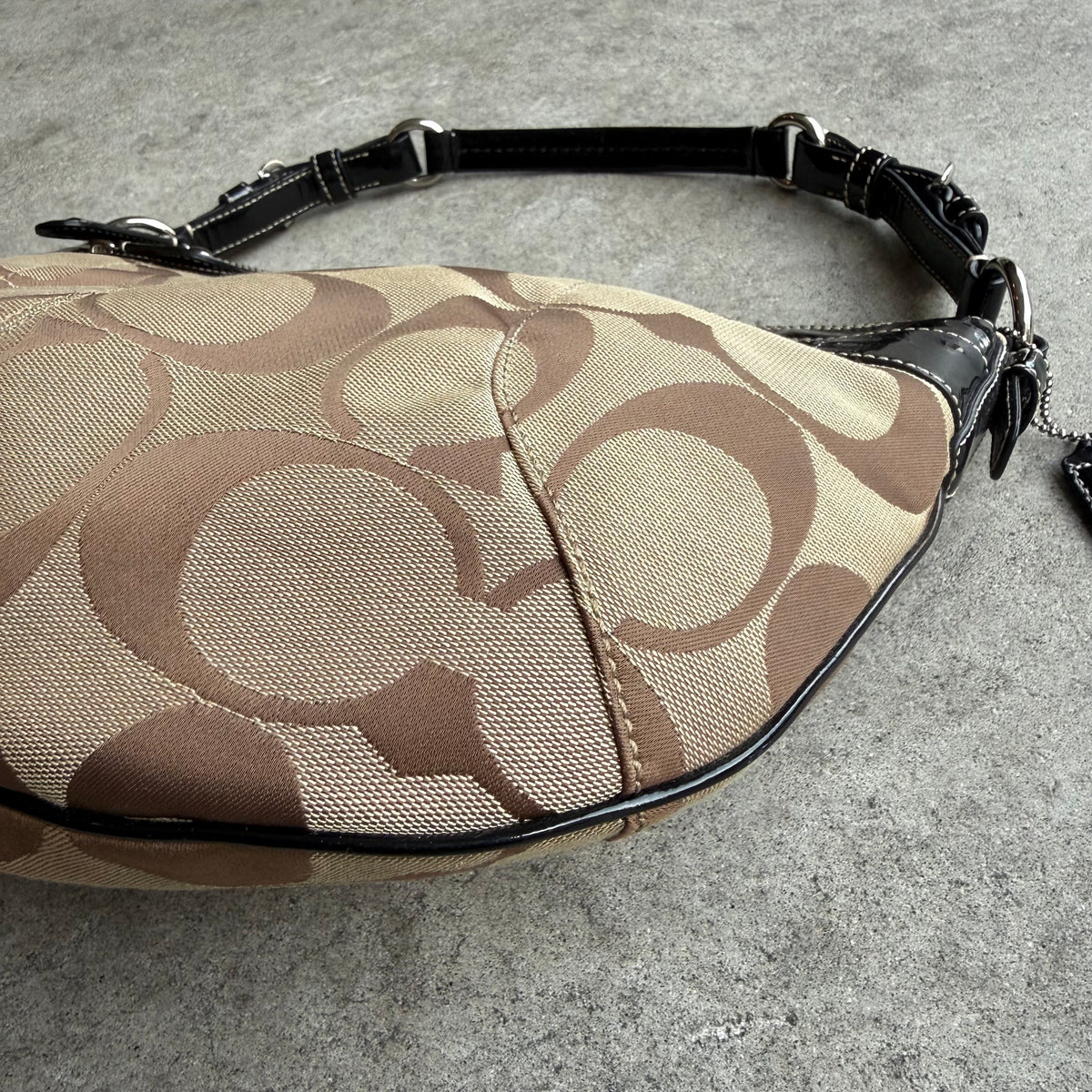 Coach Signature Patent Leather Trim Hobo Bag