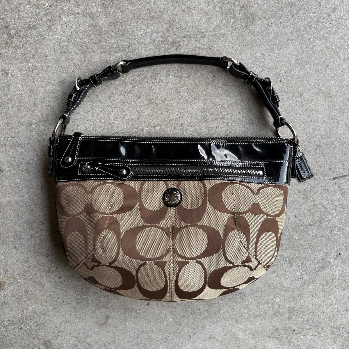 Coach Signature Patent Leather Trim Hobo Bag