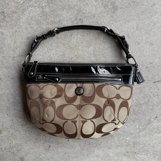 Coach Signature Patent Leather Trim Hobo Bag