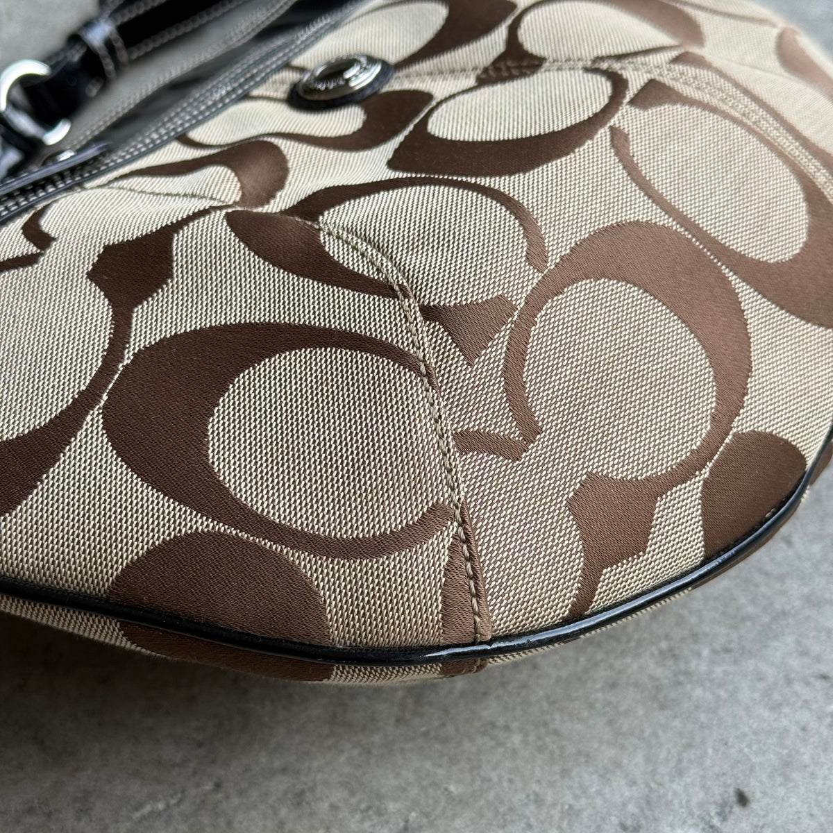Coach Signature Patent Leather Trim Hobo Bag