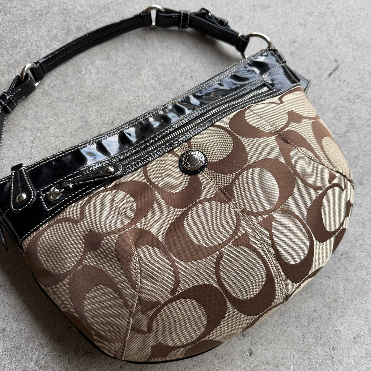 Coach Signature Patent Leather Trim Hobo Bag